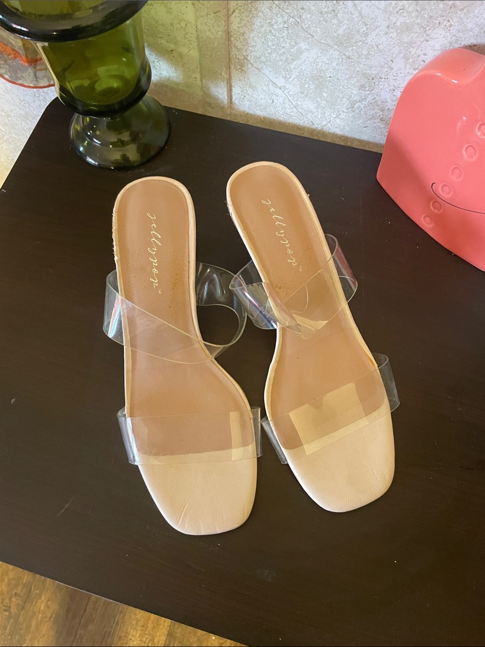 Jellypop Clear-Strap Clear Heel Nude Slide Mules size 7.5
